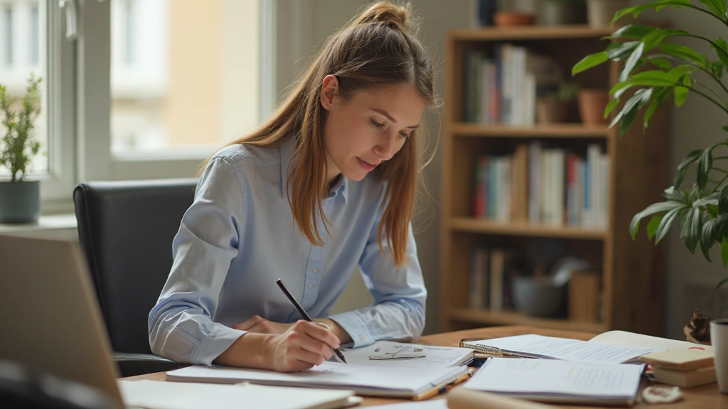 Pessoa concentrada estudando com caderno e caneta numa mesa organizada