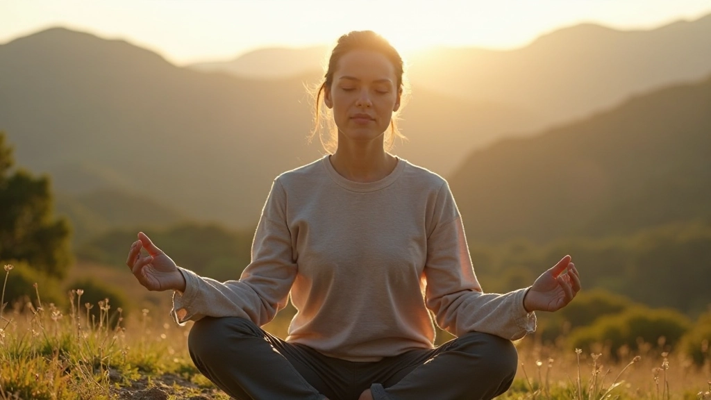 Pessoa meditando numa manhã tranquila com vista para montanhas em Portugal