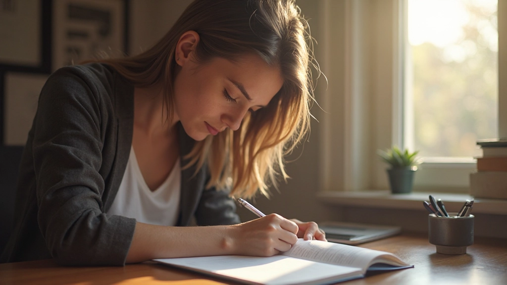 Pessoa focada em estudo matinal com ambiente organizado e luz natural